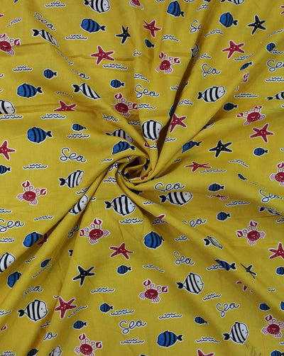 Yellow And Multicolor Kids Design Rayon Fabric