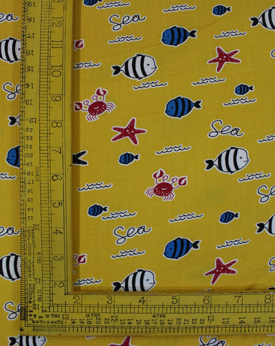 Yellow And Multicolor Kids Design Rayon Fabric
