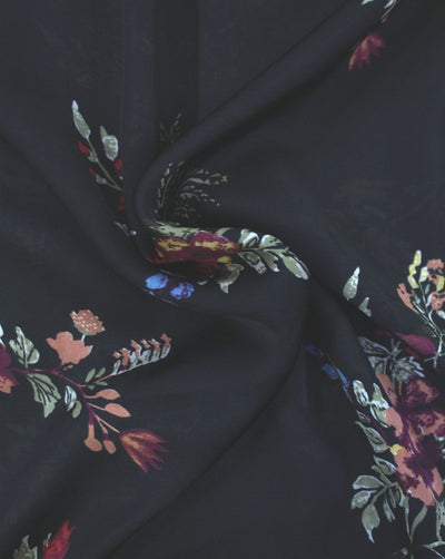 Black Floral Design Georgette Satin Digital Printed Fabric