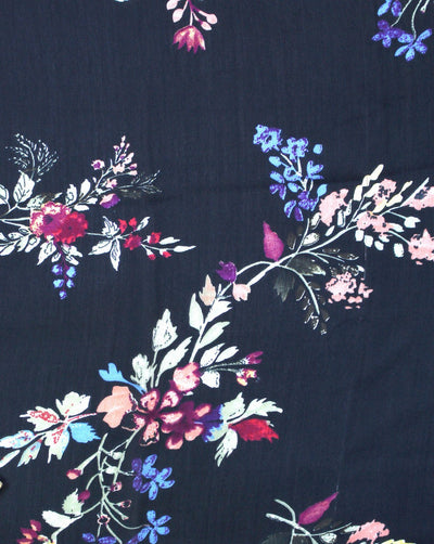Black Floral Design Georgette Satin Digital Printed Fabric