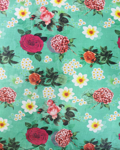 Green And Multicolor Floral Design Polyester Organza Fabric