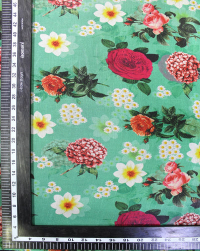 Green And Multicolor Floral Design Polyester Organza Fabric