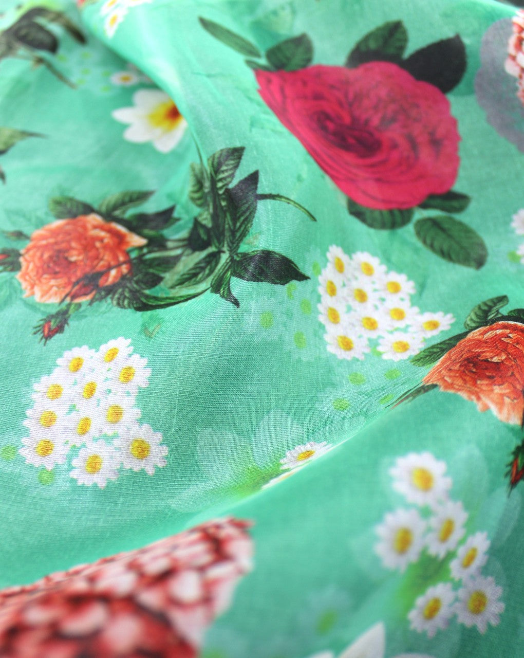 Green And Multicolor Floral Design Polyester Organza Fabric