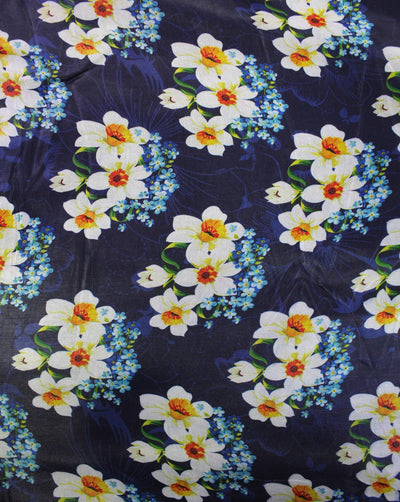 Blue And Multicolor Floral Design Polyester Organza Fabric