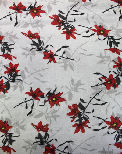 White And Red Floral Design Polyester Organza Fabric