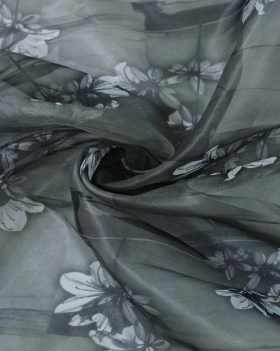 White And Black Floral Design Polyester Organza Fabric