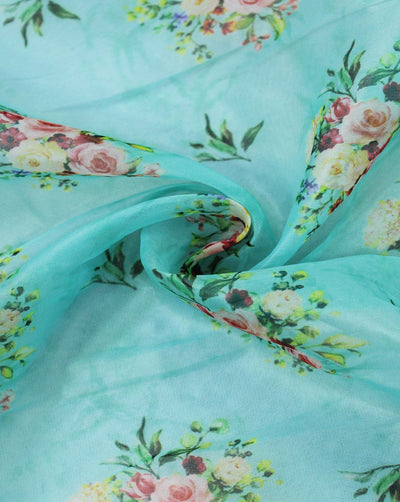 Light Green And Multicolor Floral Design Polyester Organza Fabric