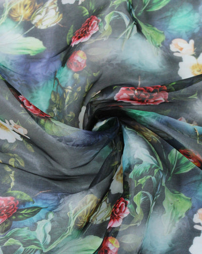 Black And Multicolor Floral Design Polyester Organza Fabric