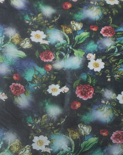 Black And Multicolor Floral Design Polyester Organza Fabric