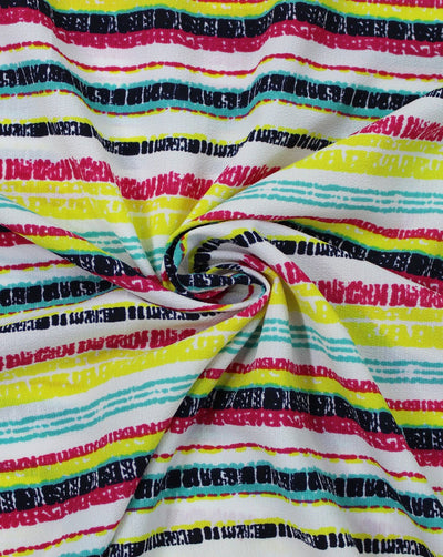 White And Multicolor Stripes Print Polyester Bubble Crepe Fabric