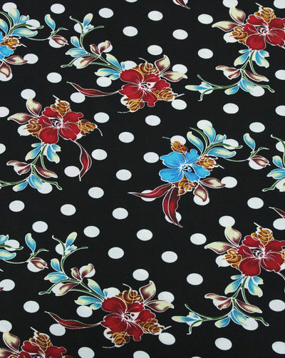 Black And Multicolor Floral Print Polyester Bubble Crepe Fabric