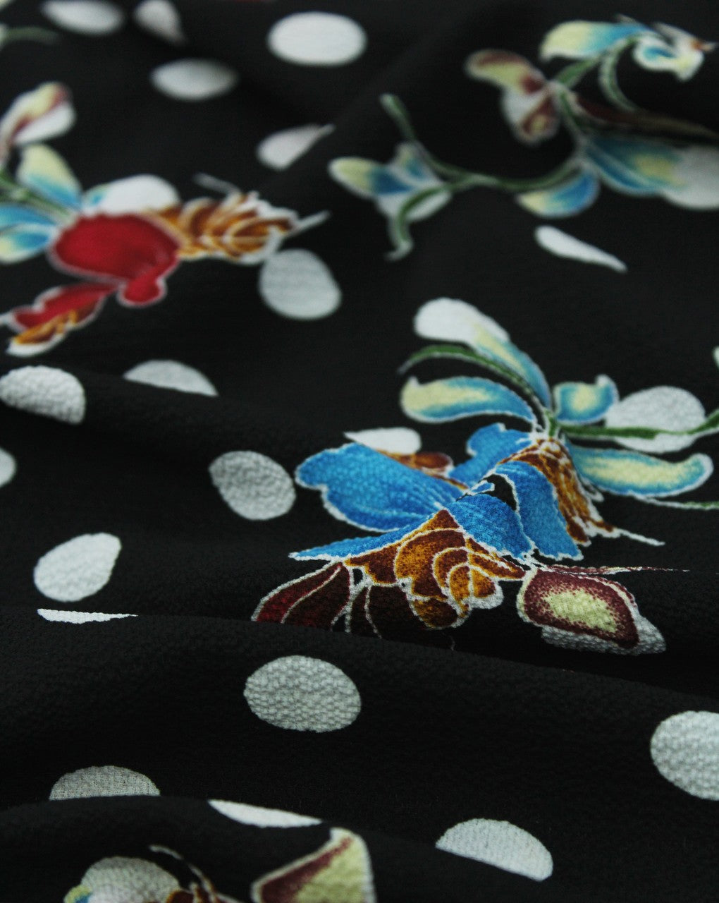 Black And Multicolor Floral Print Polyester Bubble Crepe Fabric