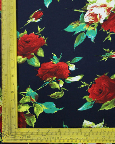 Navy Blue And Multicolor Floral Print Polyester Bubble Crepe Fabric