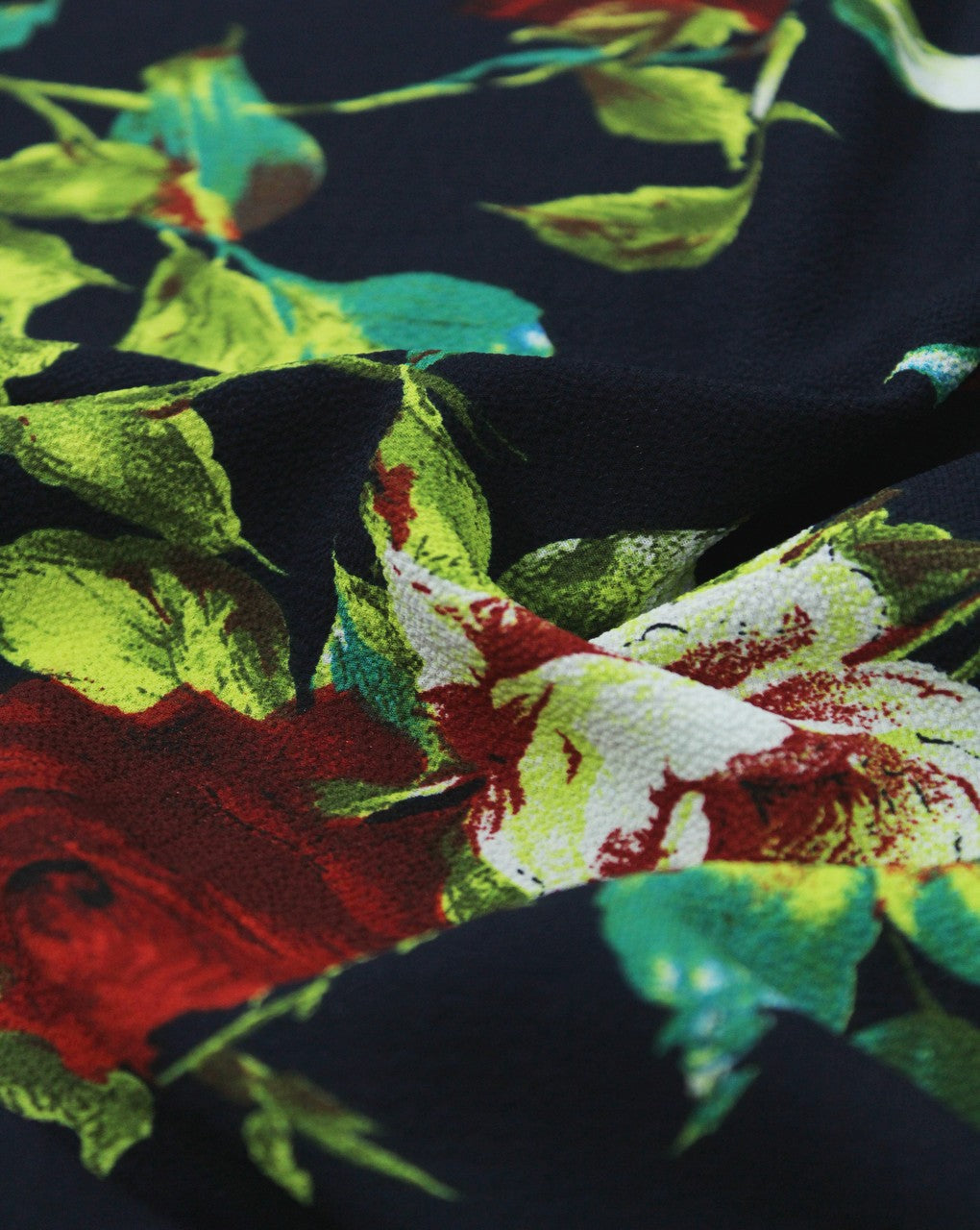 Navy Blue And Multicolor Floral Print Polyester Bubble Crepe Fabric