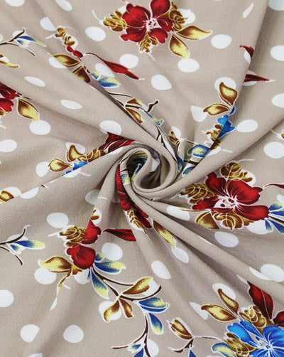Dark Cream And Multicolor Floral Print Polyester Bubble Crepe Fabric