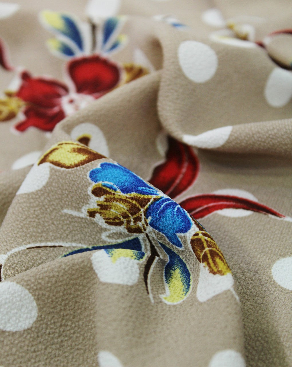 Dark Cream And Multicolor Floral Print Polyester Bubble Crepe Fabric