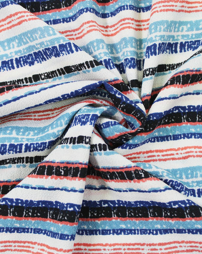 Cream And Multicolor Stripes Print Polyester Bubble Crepe Fabric