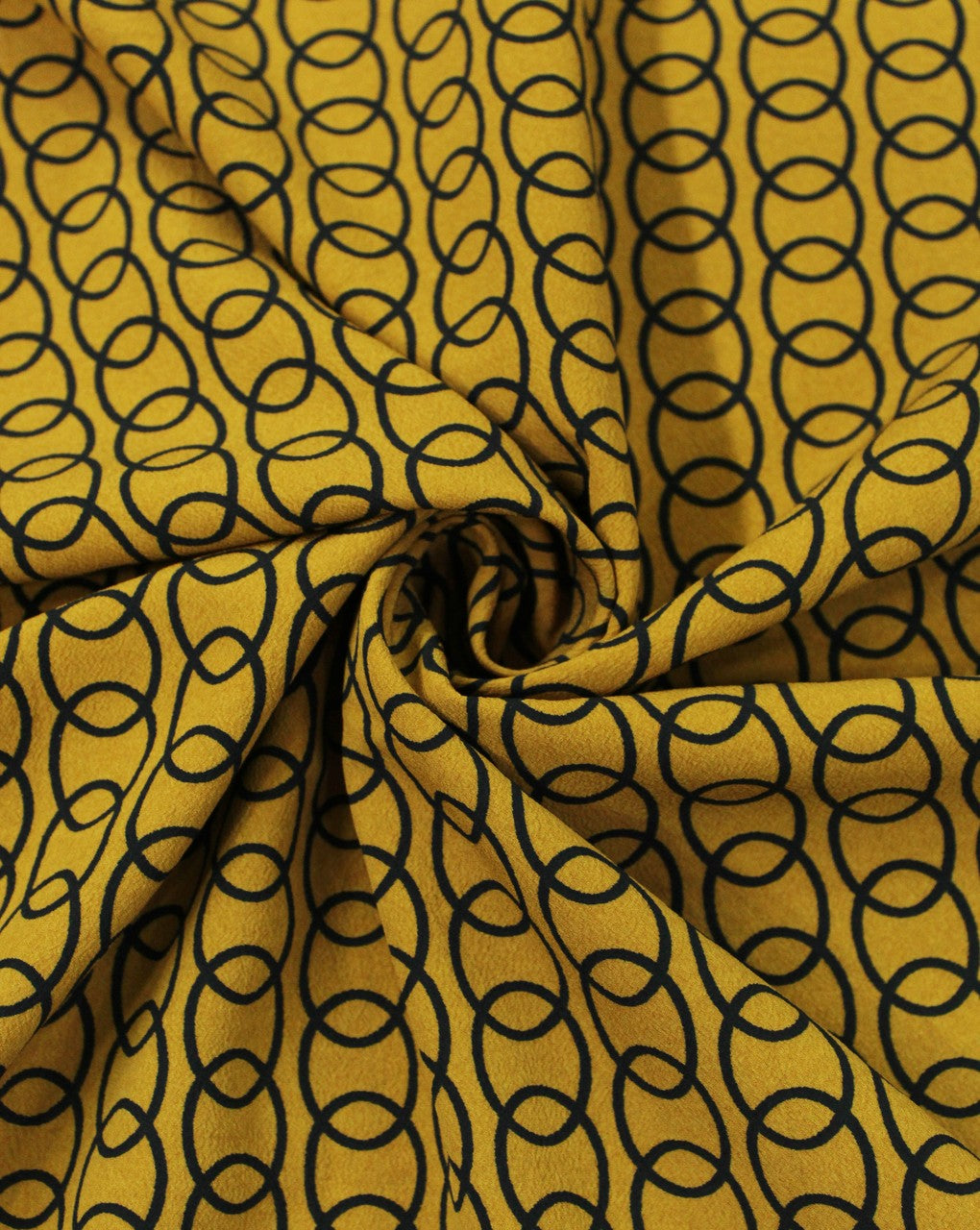 Mustard And Black Circle Print Polyester Crepe Fabric