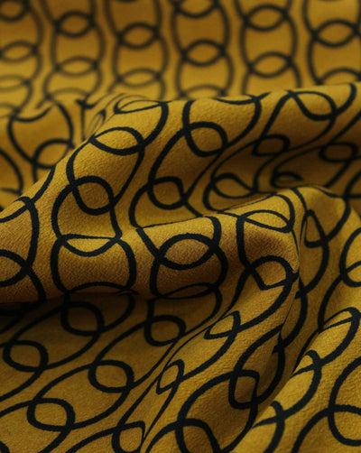 Mustard And Black Circle Print Polyester Crepe Fabric