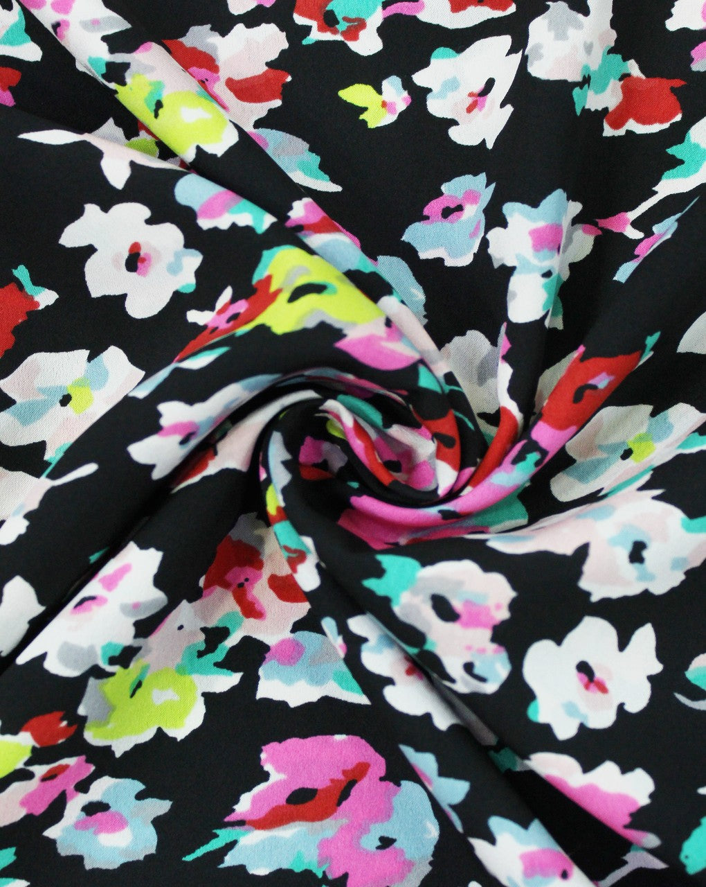 Black And Multicolor Floral Print Polyester Crepe Fabric