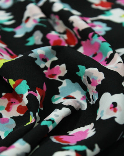 Black And Multicolor Floral Print Polyester Crepe Fabric