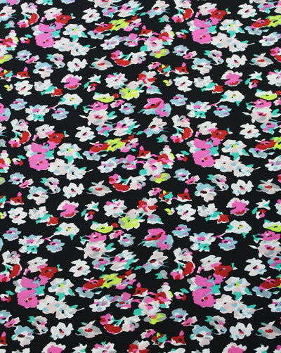 Black And Multicolor Floral Print Polyester Crepe Fabric