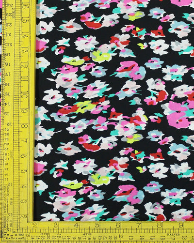 Black And Multicolor Floral Print Polyester Crepe Fabric