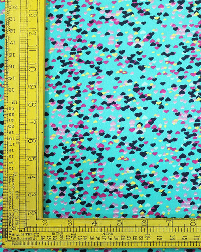 Green And Multicolor Heart Print Polyester Crepe Fabric
