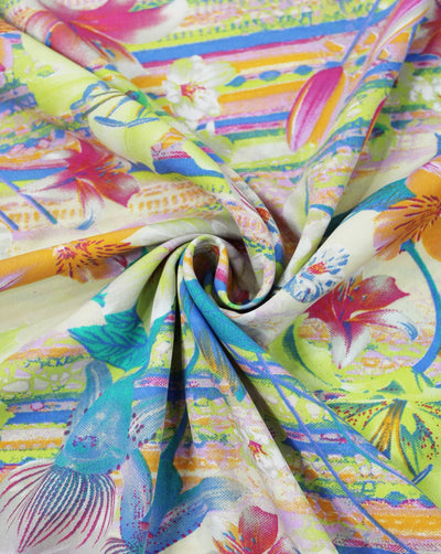 White And Multicolor Floral Print Polyester Crepe Fabric