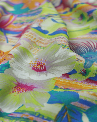 White And Multicolor Floral Print Polyester Crepe Fabric