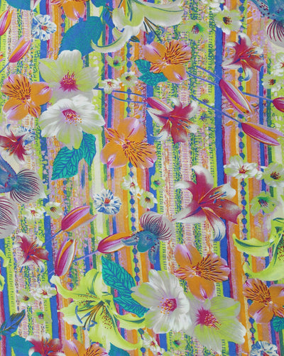 White And Multicolor Floral Print Polyester Crepe Fabric