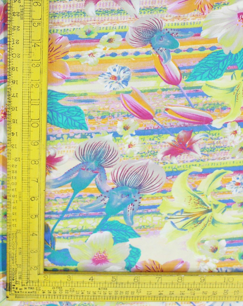 White And Multicolor Floral Print Polyester Crepe Fabric