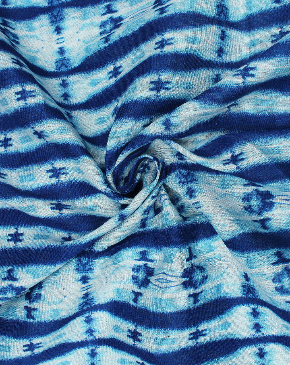 White  And Blue Abstract Design Rayon Crepe Fabric