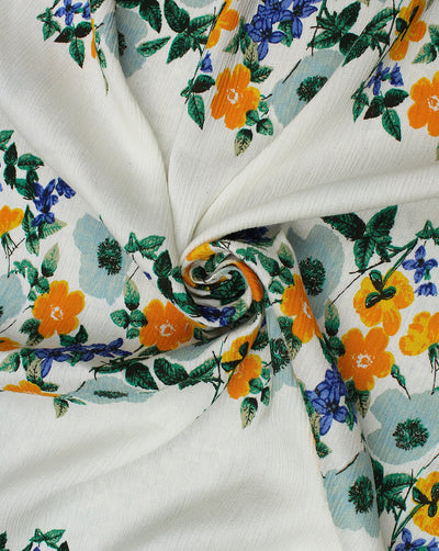 White  And Multicolor Floral Design Rayon Crepe Fabric