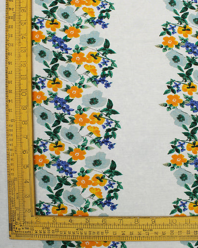 White  And Multicolor Floral Design Rayon Crepe Fabric
