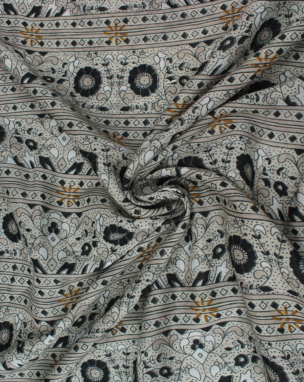 Grey  And Multicolor Paisley Design Rayon Crepe Fabric