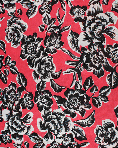 Red  And Black Floral Design Rayon Crepe Fabric