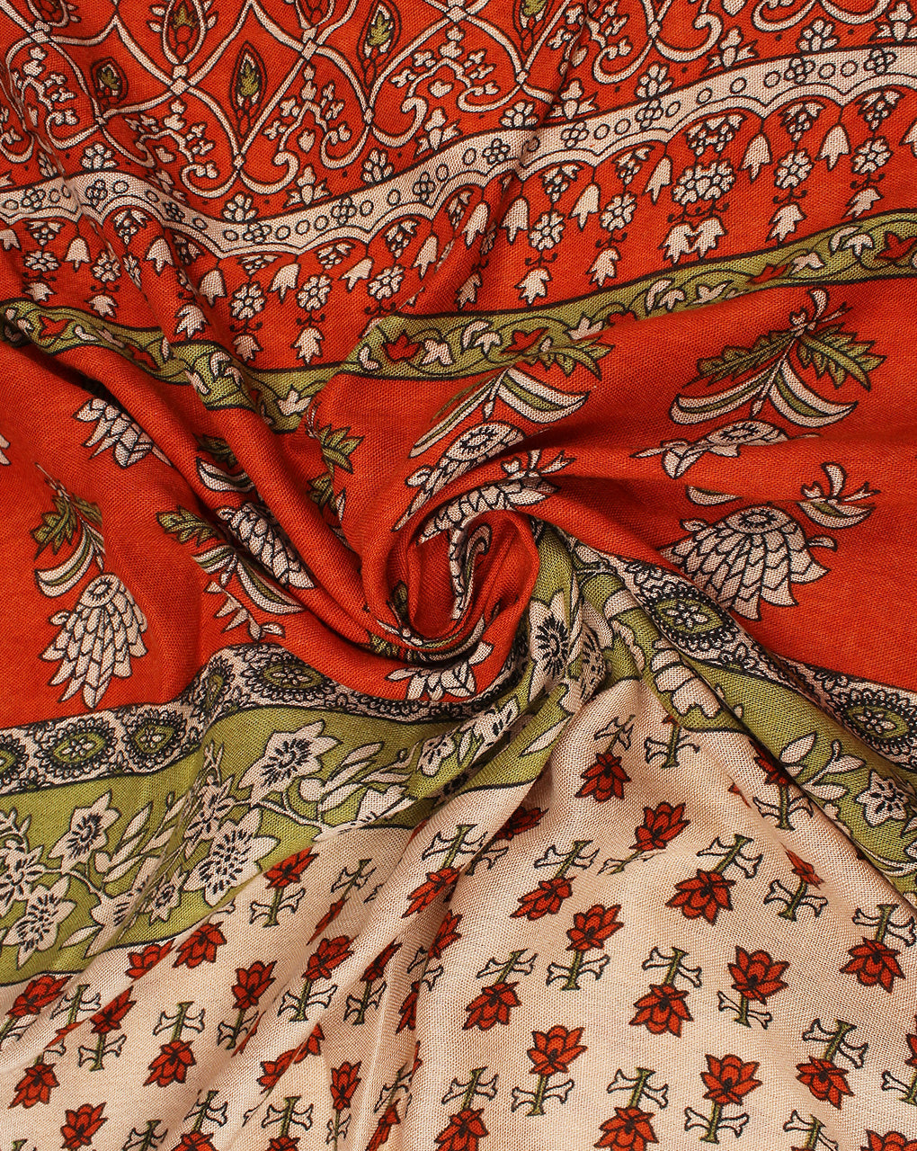 Cream  And Red Floral Design Rayon Crepe Fabric