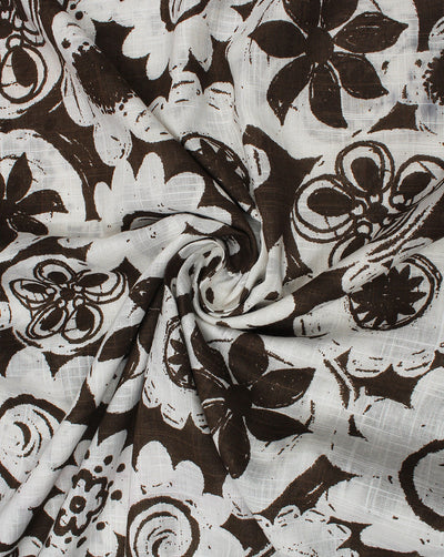 Brown And White Floral Printed Cotton Cambric Fabric