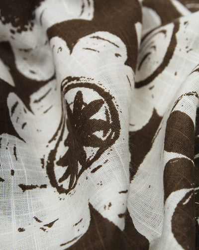 Brown And White Floral Printed Cotton Cambric Fabric