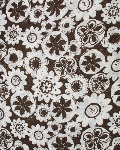 Brown And White Floral Printed Cotton Cambric Fabric
