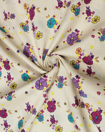 Cream And Multicolor Floral Design 1 Cotton Cambric Fabric