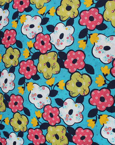 Blue And Multicolor Floral Printed Cotton Cambric Fabric