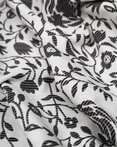 White And Black Floral Design Cotton Cambric Fabric