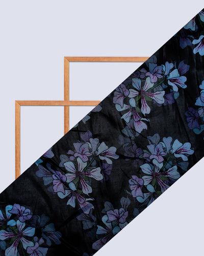 Black Floral Design Polyester Organza Printed Fabric