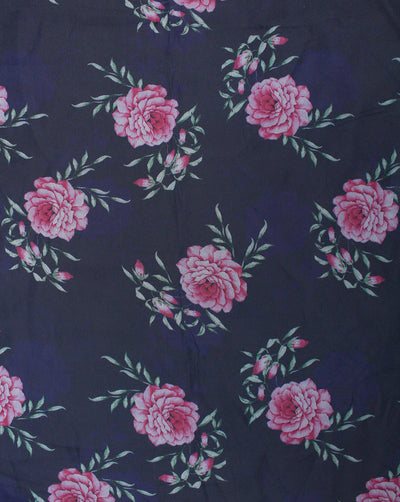 Navy Blue Floral Design Polyester Organza Printed Fabric