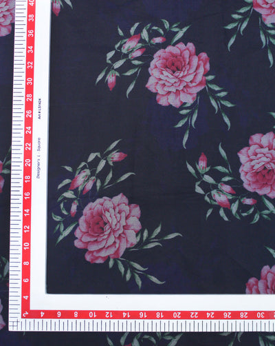 Navy Blue Floral Design Polyester Organza Printed Fabric