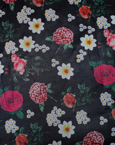 Black Floral Design Polyester Organza Printed Fabric