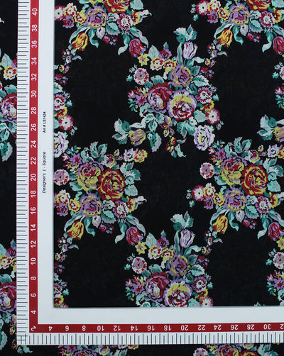 BLACK & MULTICOLOR FLORAL DESIGN COTTON CREPE PRINTED FABRIC