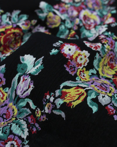 BLACK & MULTICOLOR FLORAL DESIGN COTTON CREPE PRINTED FABRIC